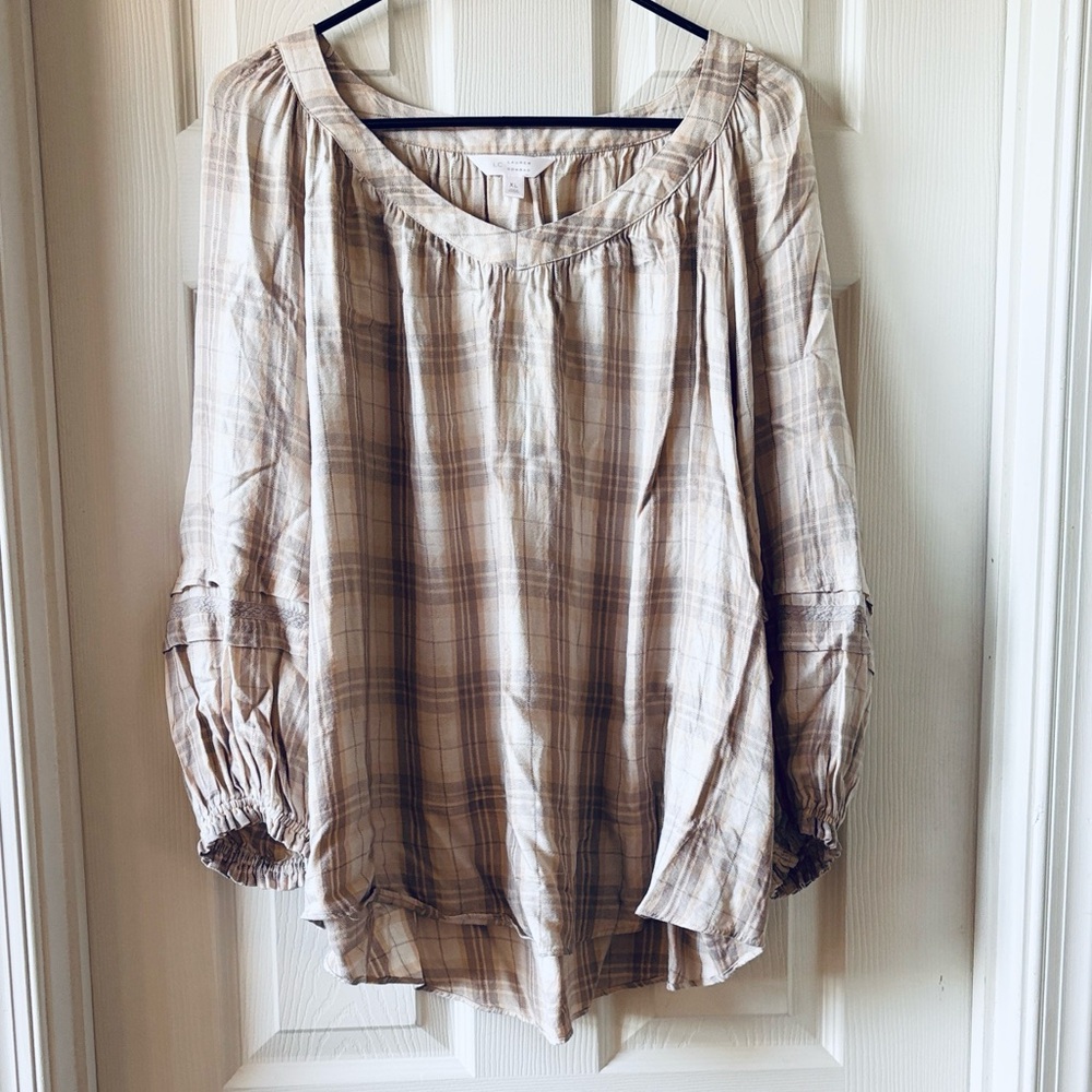 LC Lauren Conrad Plaid Blouse in Beige and Peach
